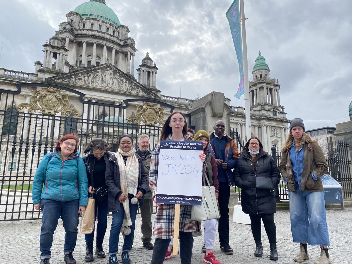 Housing campaigners outside City Council support the judicial review of Belfast City Council's planning decision on Mackie's