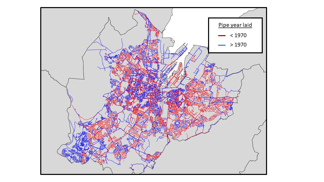 A map showing the age of water pipes in Belfast. Houses built before 1970 are more likely to have lead pipes.