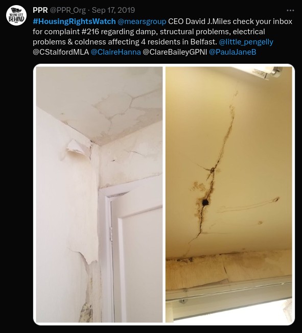 A tweet displaying cracks and damp on housing wall and ceiling which was directed at local politicians and Mears Group CEO