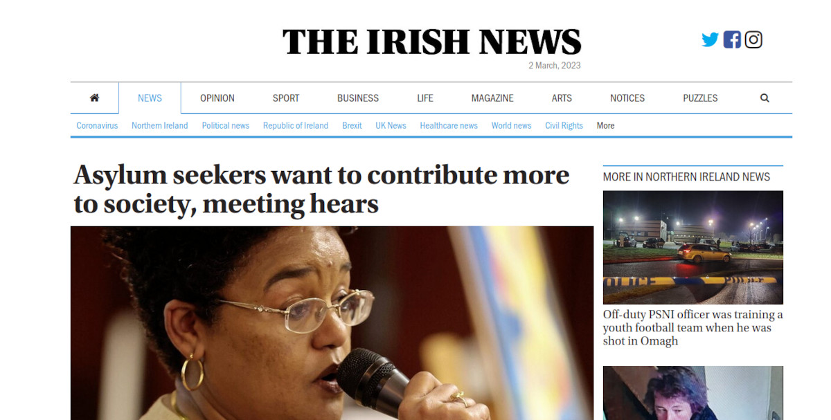 Irish News Headline reads "Asylum seekers want to contribute more to society, meeting hears" 