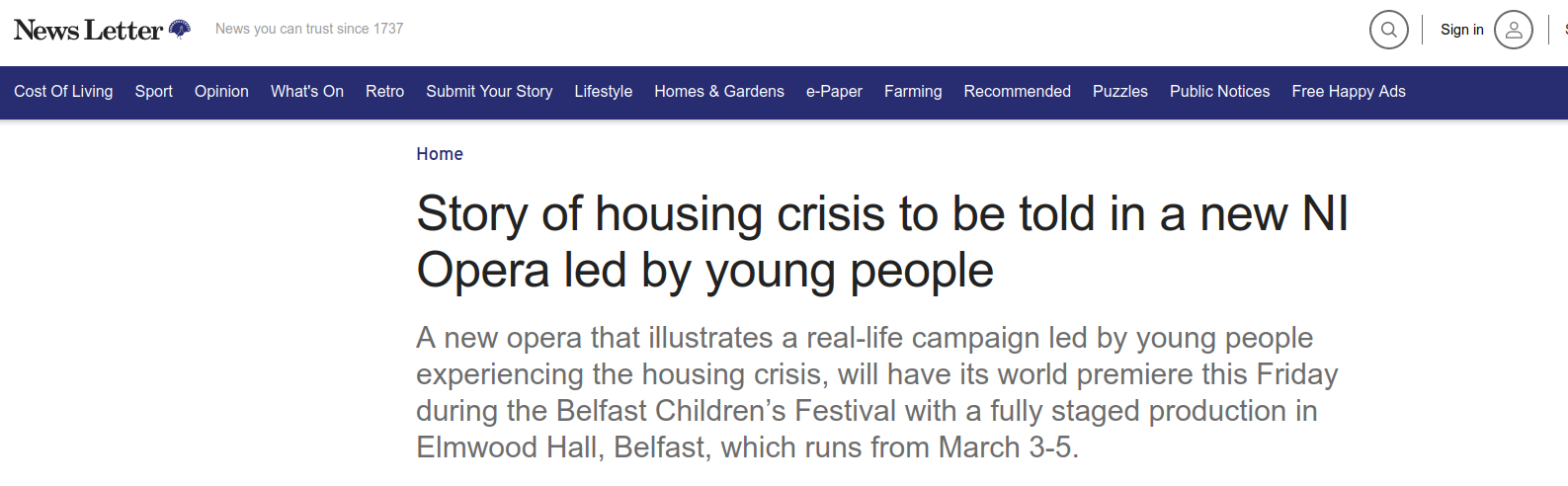 Newspaper headline which reads 'Story of housing crisis to be told in a new NI Opera led by young people'